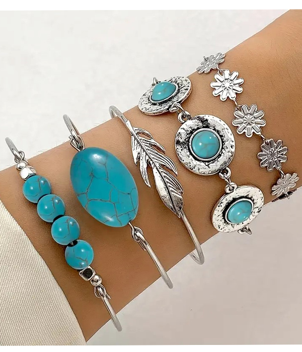 VALUE PACK -TURQUOISE MIX 5 PIECE BANGLE AND CHAIN BRACELET SET