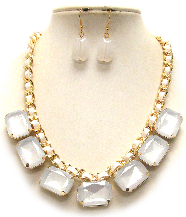 Multi acrylic stone drop suede cord and metal chain necklace earring set
