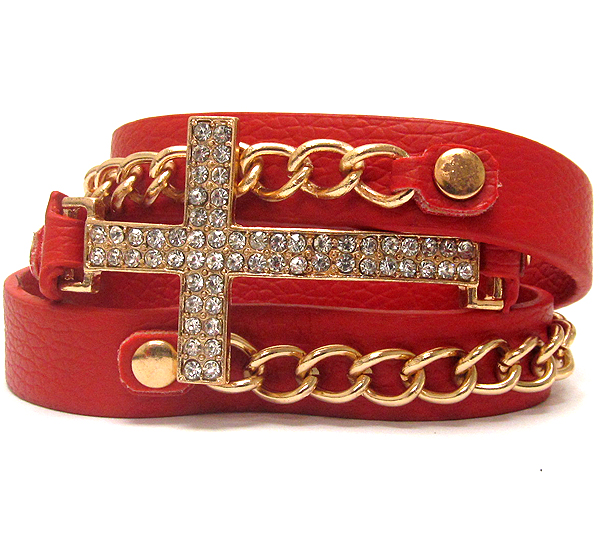 Crystal metal cross with leather band and metal chain on button bracelet