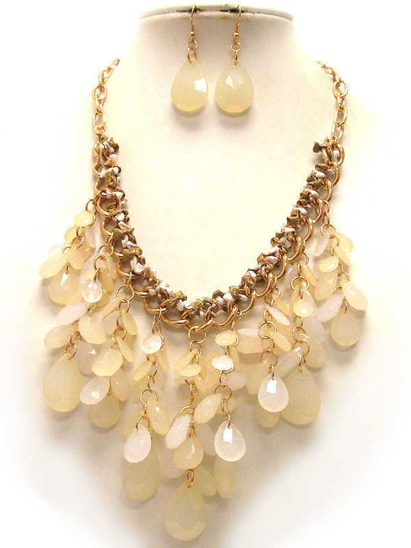 Multi teardrop acrylic stone drop metal and fabric cord mix chain necklace earring set