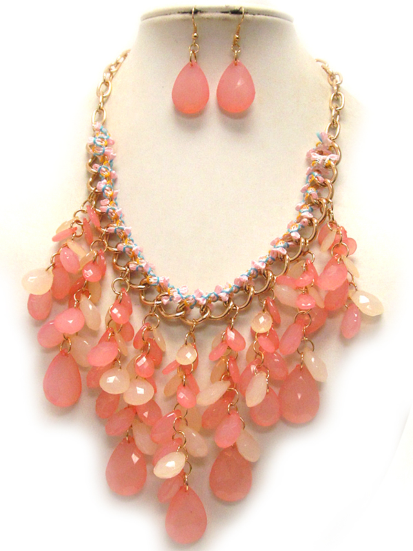 Multi teardrop acrylic stone drop metal and fabric cord mix chain necklace earring set