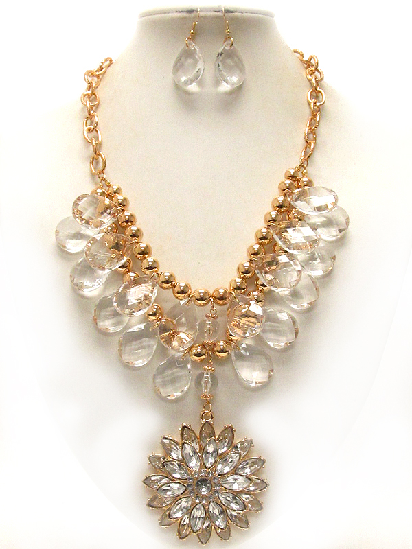 Crystal deco flower pendant and multi acrylic stone deco drop necklace earring set