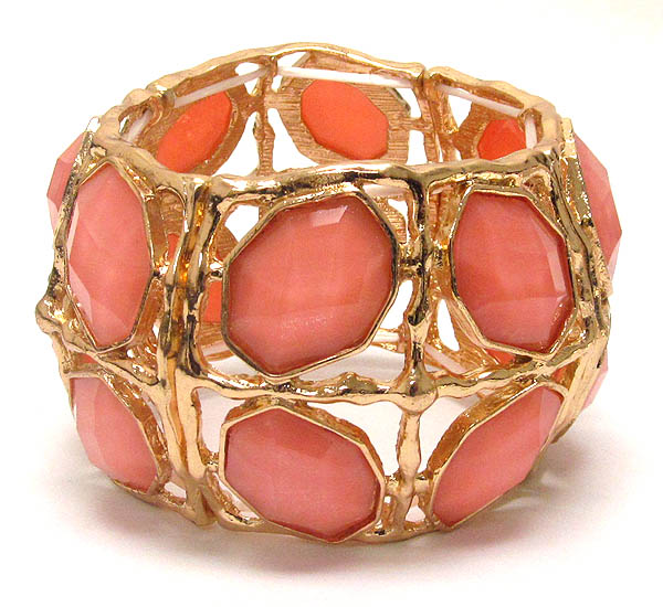 Facet acrylic stone and liquied metal frame double stretch bracelet