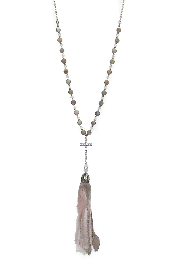 Fabric tassel and cross pendant and beads long chain necklace