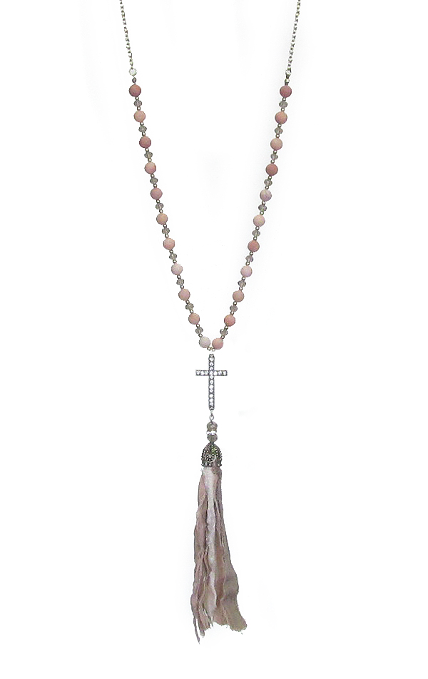 Fabric tassel and cross pendant and beads long chain necklace