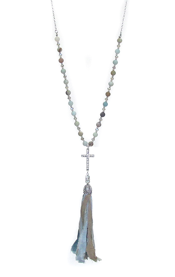 Fabric tassel and cross pendant and beads long chain necklace