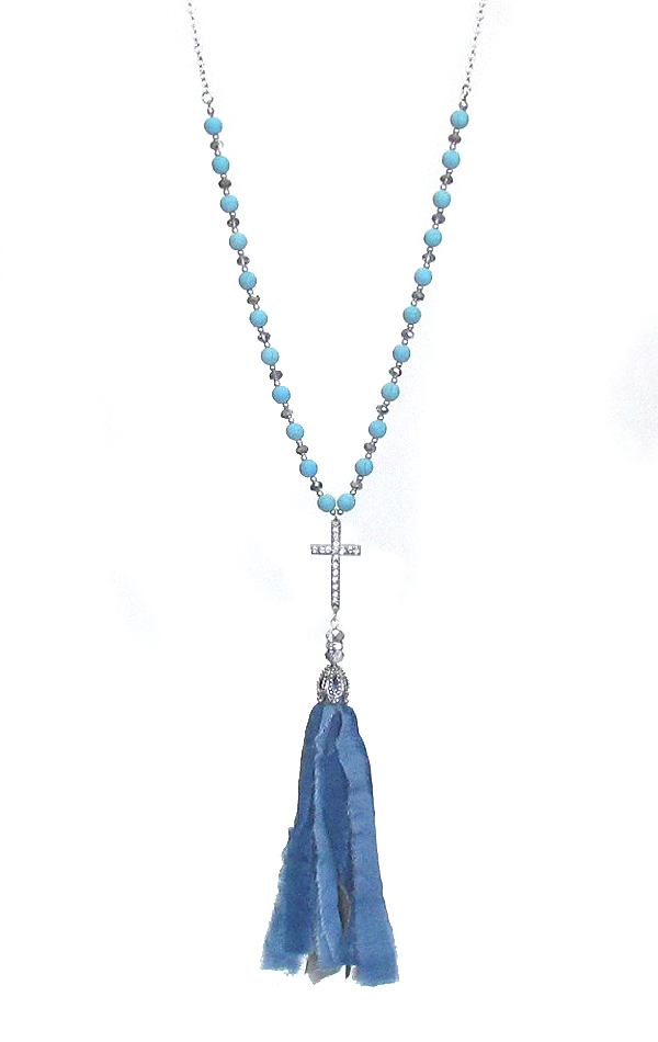 Fabric tassel and cross pendant and beads long chain necklace