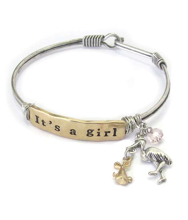 STORK CHARM WIRE BANGLE BRACELET - IT'S A GIRL