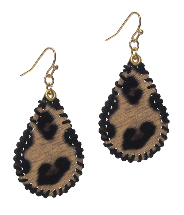 Stitch edge tear drop leather  earring - animal print