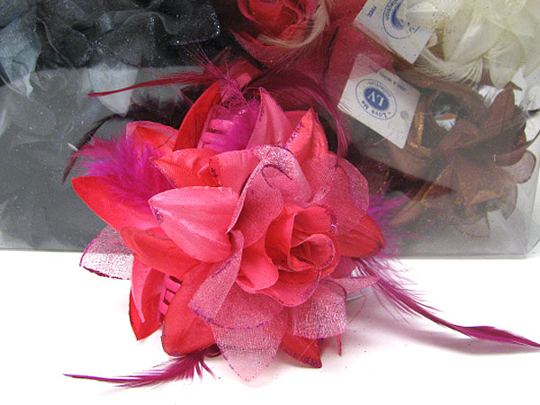 12 PC ASSORTED COLOR DOZEN SPECIAL - FABRIC FLOWER AND FEATHER DECO HAIR CLAW
