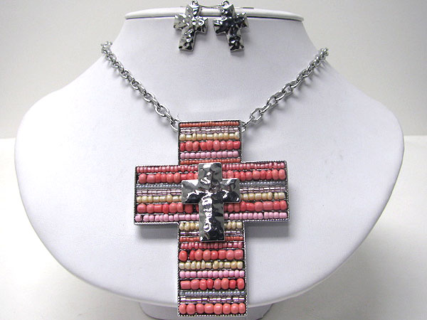 Meatl cross on large seed bead filled cross necklace earring set