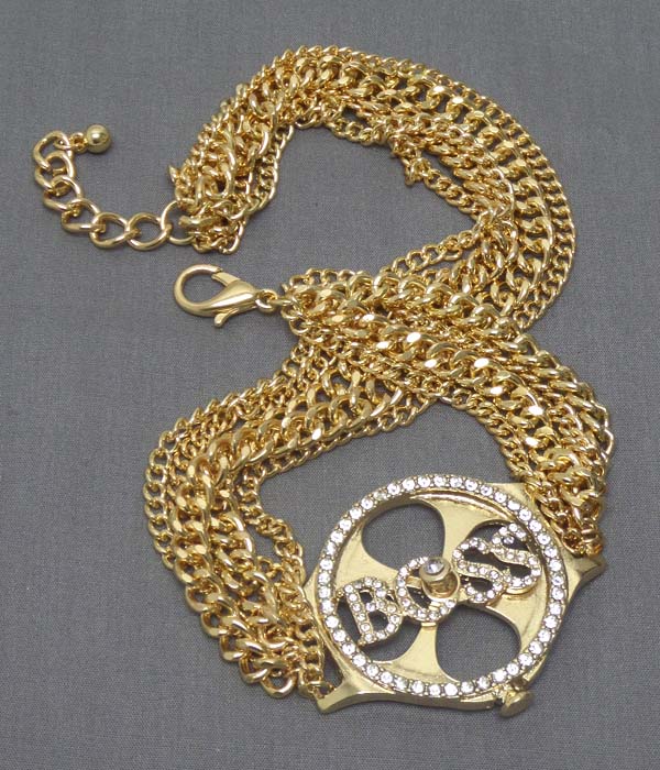 Crystal spinning boss watch inspired and multi chain double wrap bracelet