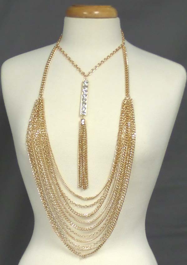 Crystal bar and multi chain drop long necklace
