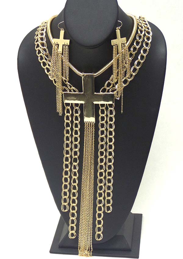Metal cross and multi thick chain drop necklace earring set