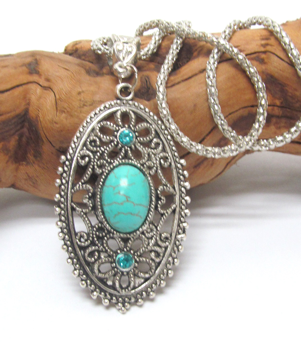 Vintage tibetan silver and turquoise pendant necklace