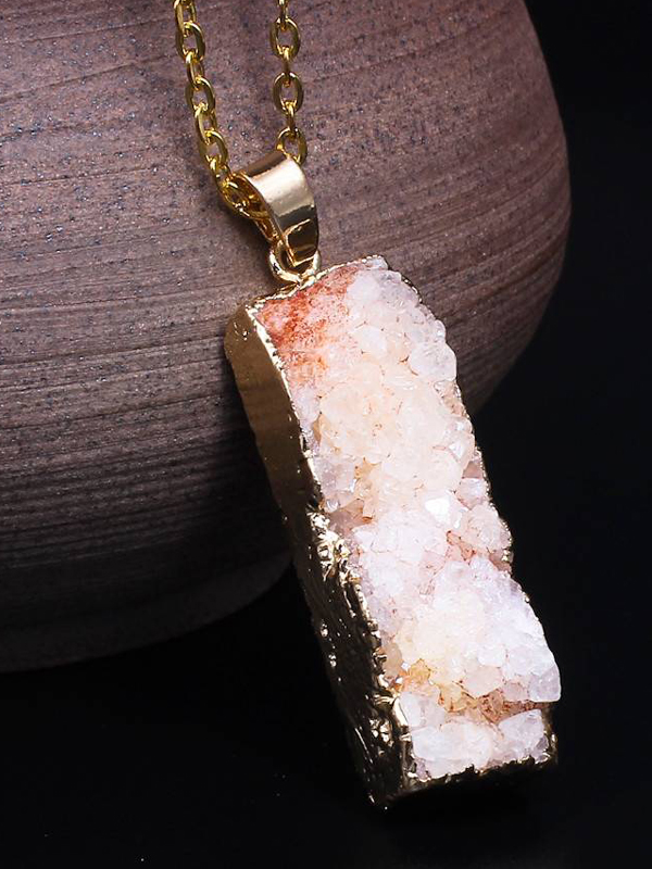 Gold wrap semi precious druzy stone pendant necklace - bar