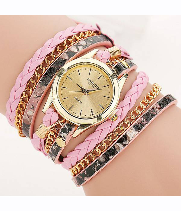 Metal chain and long snake skin leather wrist wrap watch