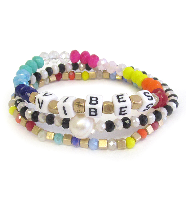 Word block 3 stackable stretch bracelet set - vibes