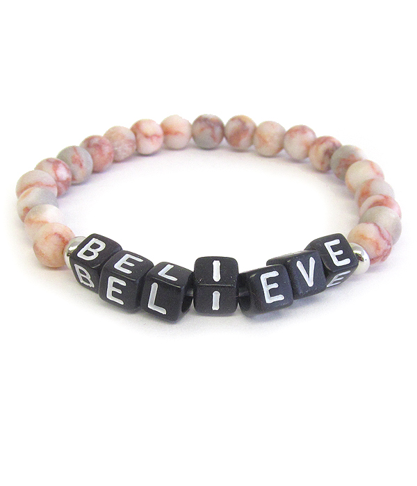Word block gem stone stretch bracelet - believe