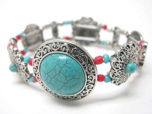 Turquoise deco filigree metal stretch bracelet