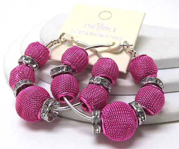 Small hoop crystal rondelle and colored metal mesh ball basketball wives inspired earring - hoops