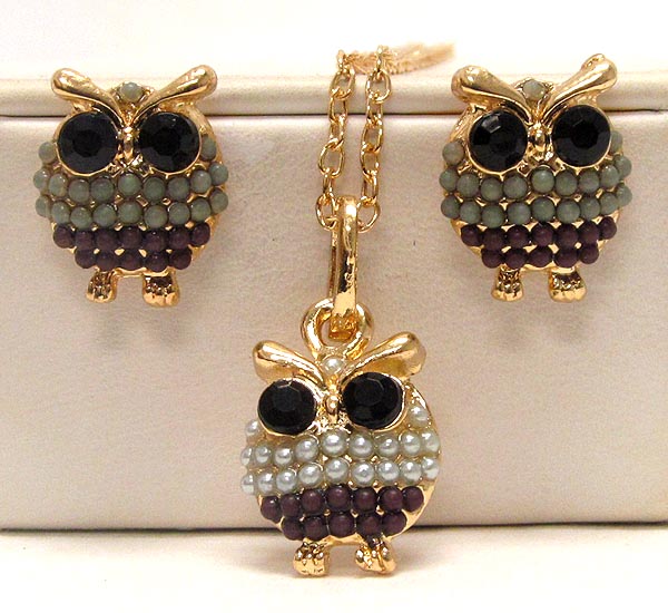 Crystal eyes owl and multi smal acrly balls drop chain necklace earring set