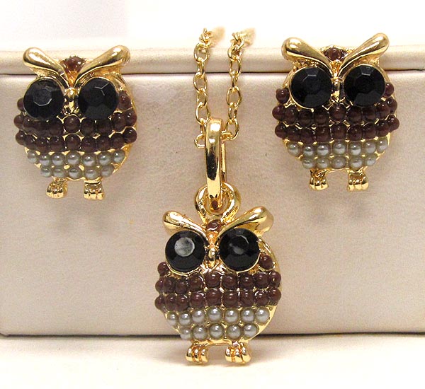 Crystal eyes owl and multi smal acrly balls drop chain necklace earring set
