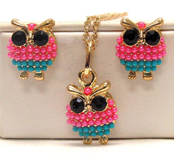 Crystal eyes owl and multi smal acrly balls drop chain necklace earring set