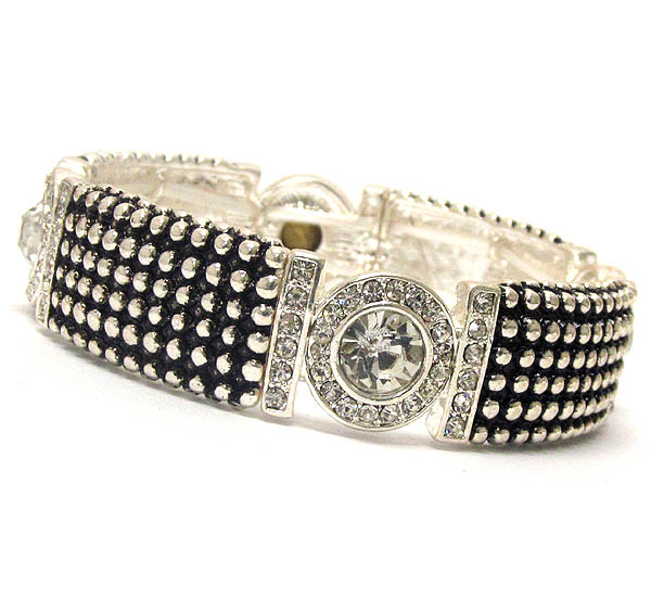 Facet glass and crysatal deco disk and caviar ball texture stretch bracelet