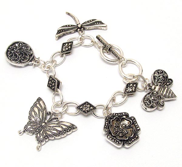 Marcasite textured garden theme charm bracelet