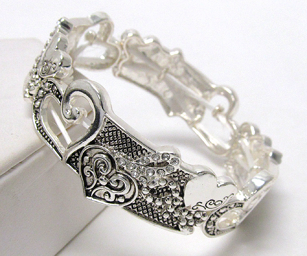 Crystal deco love letter and multi heart filigree stretch bracelet