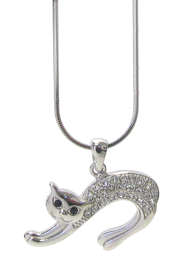 WHITEGOLD PLATING CRYSTAL CAT PENDANT NECKLACE