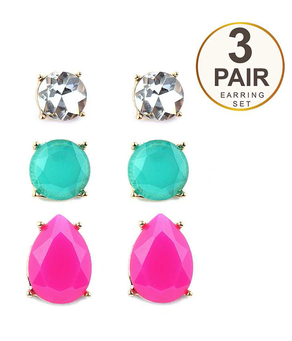 Neon teardrop and round 3 pair earring set