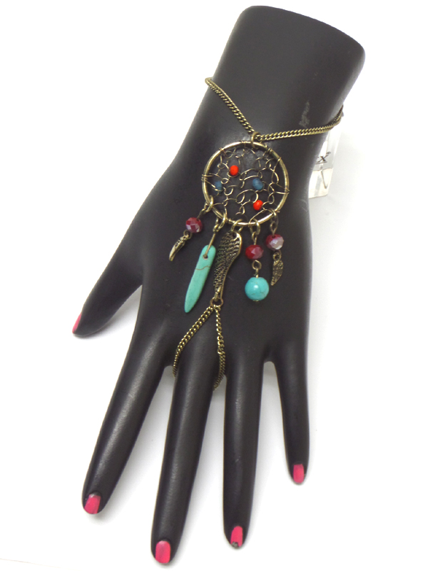 BOHO STYLE DREAM CATCHER TURQUOISE DANGLE SLAVE RING AND BRACELET SET