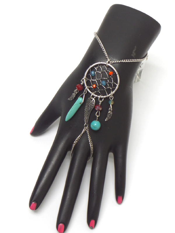 BOHO STYLE DREAM CATCHER TURQUOISE DANGLE SLAVE RING AND BRACELET SET