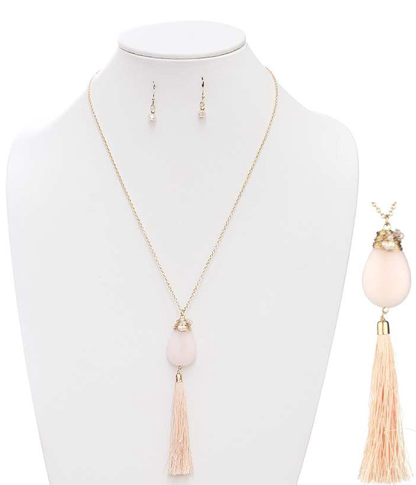 Semi precious stone and tassel drop necklace set