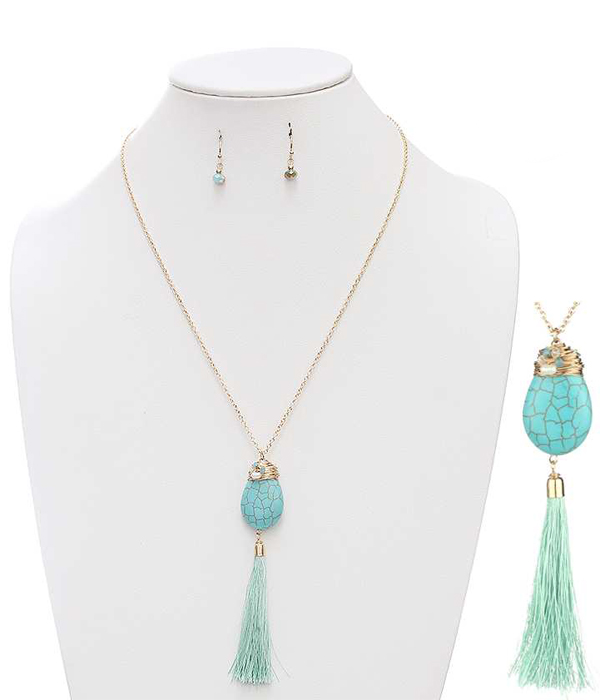 Semi precious stone and tassel drop necklace set