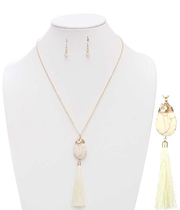 Semi precious stone and tassel drop necklace set