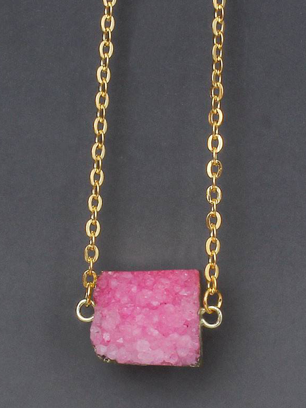 Gold wrap semi precious druzy stone pendant necklace - square
