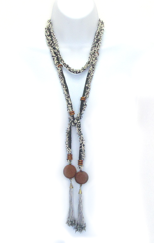 Wood disk and tassel drop long fabric lariat necklace