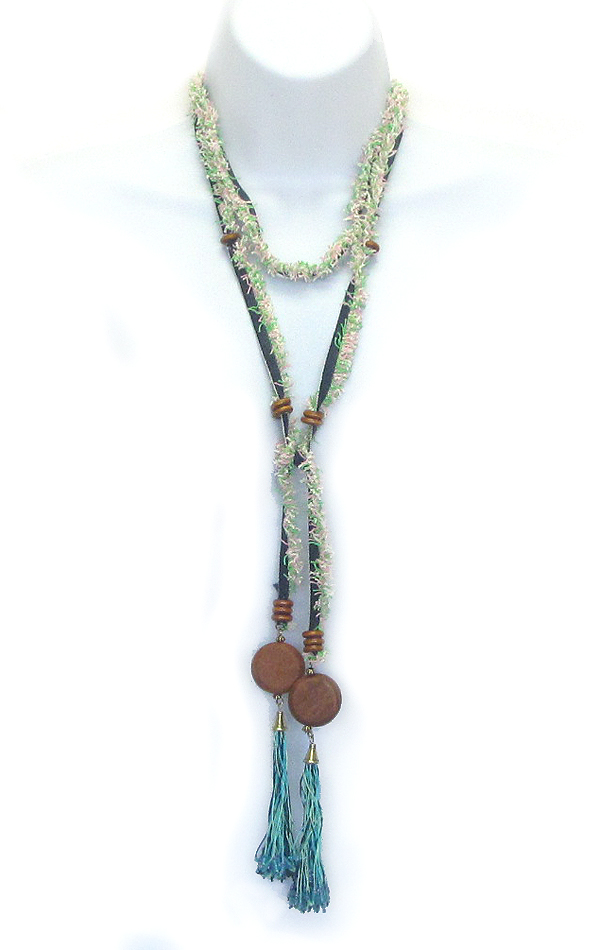Wood disk and tassel drop long fabric lariat necklace