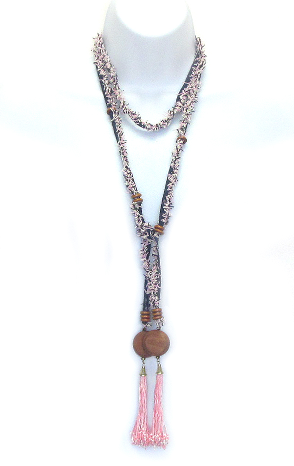 Wood disk and tassel drop long fabric lariat necklace