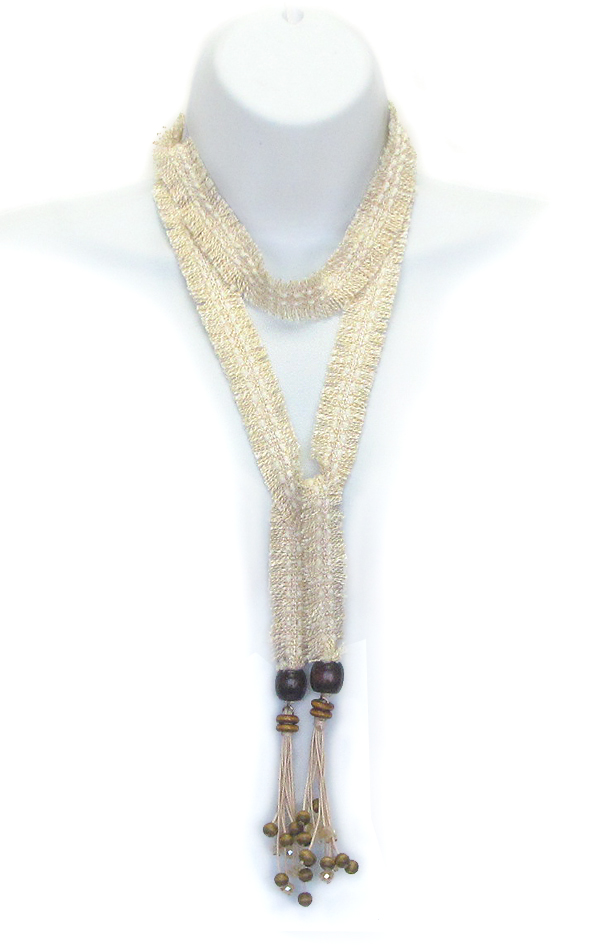 Wood disk and tassel drop long fabric lariat necklace