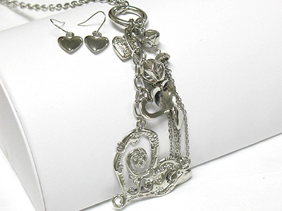 Heart and multi pendant dangle long necklace and earring set