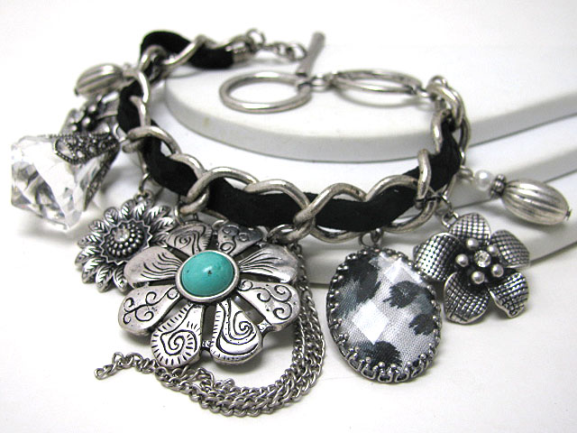 Mixed metal flower charm dangle suede thread chain bracelet