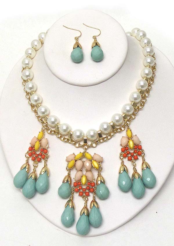 Multi teardrop and arrowhead acrylic stone mix drop and pearl chain necklace earring set