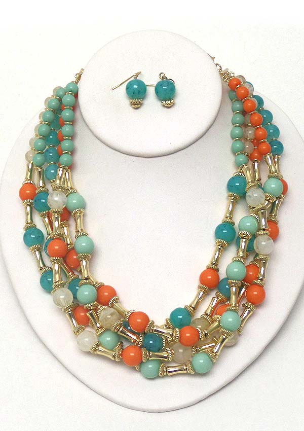 Multi ball stone and metal link layer bohemian style necklace earring set
