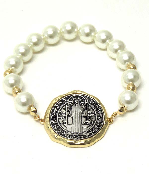 Religious theme rosario pendant stretch bracelet