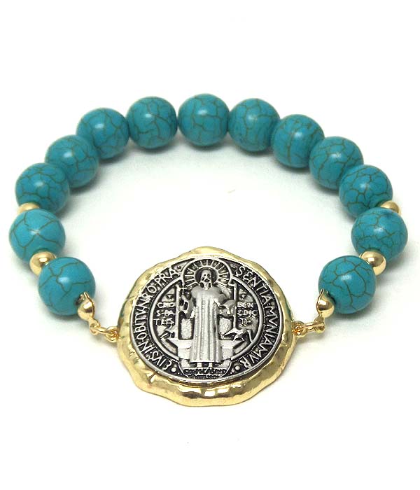 Religious theme rosario pendant stretch bracelet
