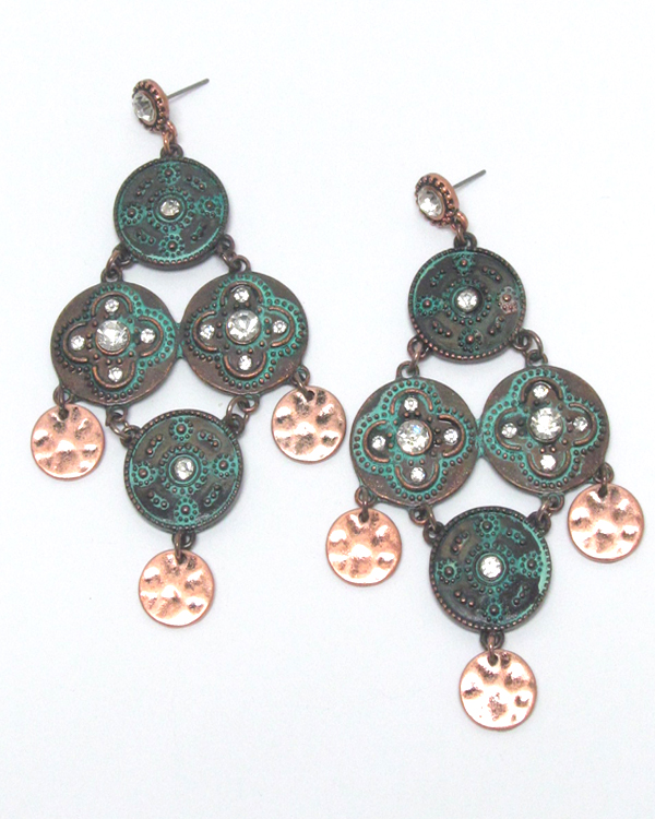 Burnish copper and patina disc link drop earring